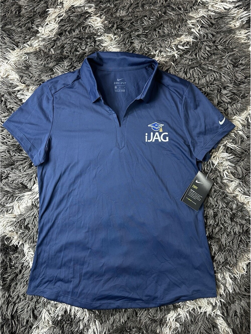 NWT Nike Golf Womens Large Dri-FIT Polo Shirt Blue Short Sleeve iJAG Logo